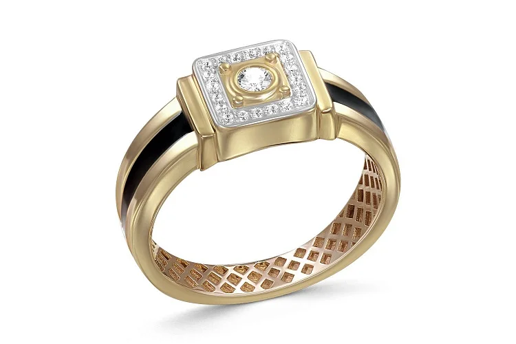 Печатка из жёлтого золота с 21 фианитами