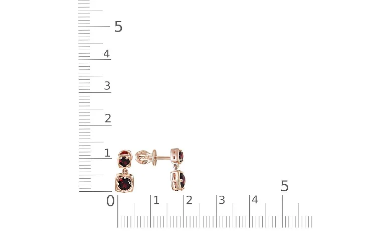 Серьги-пусеты Квадраты из красного золота с 4 гранатами