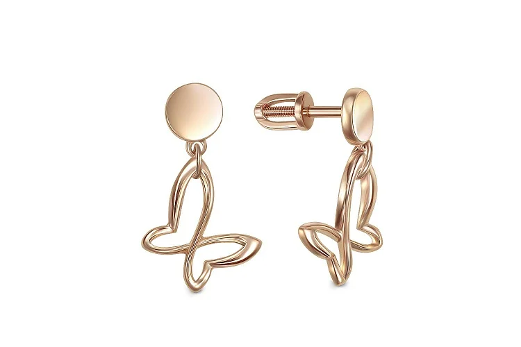 Серьги-пусеты Бабочки из красного золота без вставок