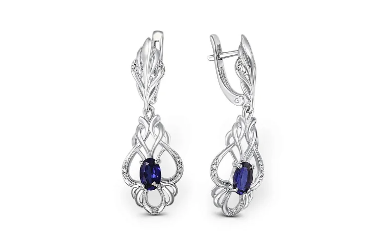 Серьги из белого золота с 2 корундами и 18 бриллиантами