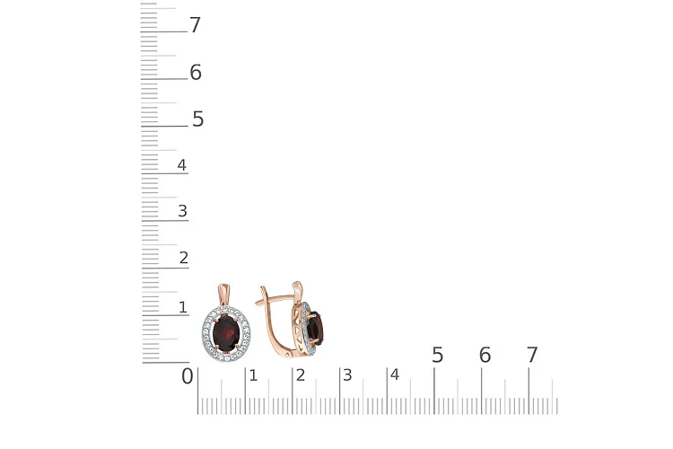 Серьги из красного золота с 2 гранатами и 44 фианитами