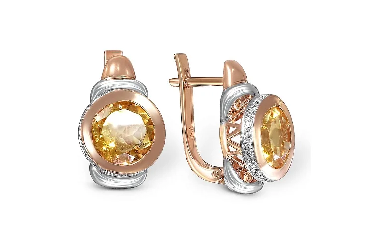 Серьги из красного золота с 2 цитринами и 52 фианитами