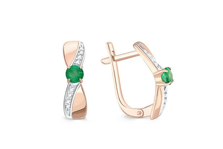 Серьги из красного золота с 2 изумрудами и 16 бриллиантами
