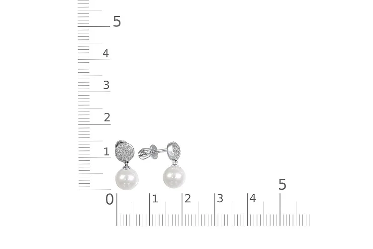 Серьги-пусеты из белого золота с 2 жемчужинами и 62 фианитами