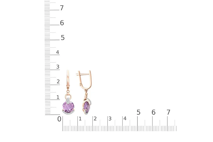Серьги из красного золота с 2 аметистами и 28 фианитами