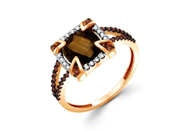 Кольцо из красного золота с раухтопазом и 48 фианитами