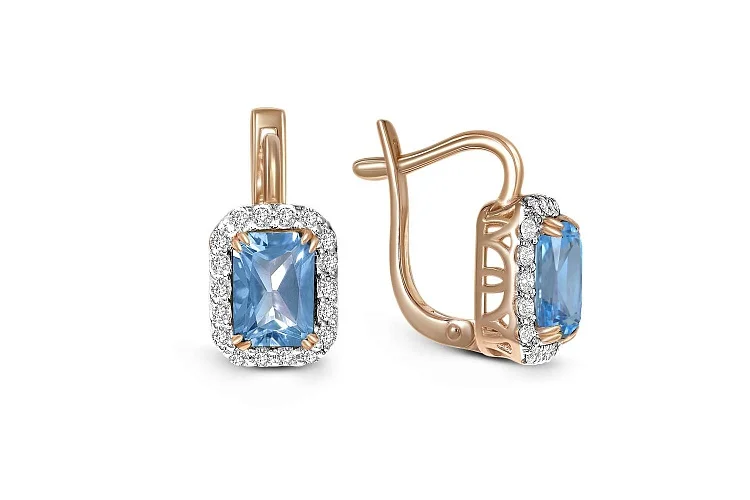 Серьги из красного золота с 2 топазами swiss и 36 фианитами