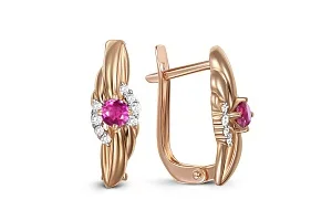 Серьги из красного золота с 2 корундами и 16 бриллиантами