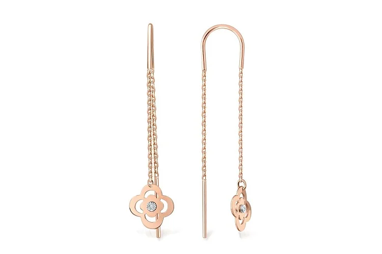 Серьги-продёвки из красного золота с 2 фианитами