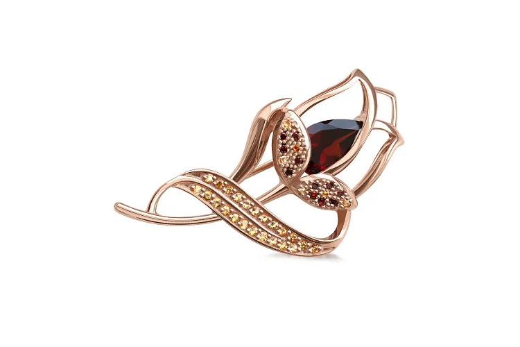 Брошь Цветок из красного золота с 12 гранатами и 29 цитринами