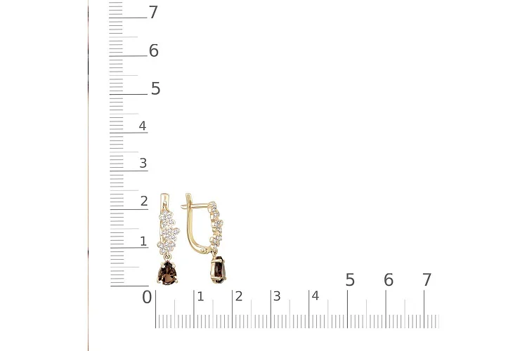 Серьги из жёлтого золота с 2 раухтопазами и 30 фианитами