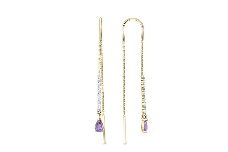 Серьги-продёвки Дорожки из жёлтого золота с 2 аметистами и 20 фианитами