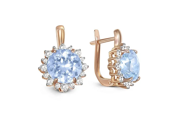 Серьги из красного золота с 2 топазами sky и 32 фианитами