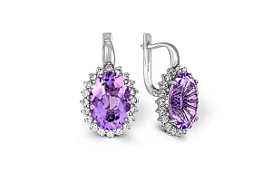 Серьги из белого золота с 2 аметистами и 40 фианитами