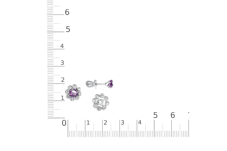 Серьги-пусеты из белого золота с 2 аметистами и 16 фианитами