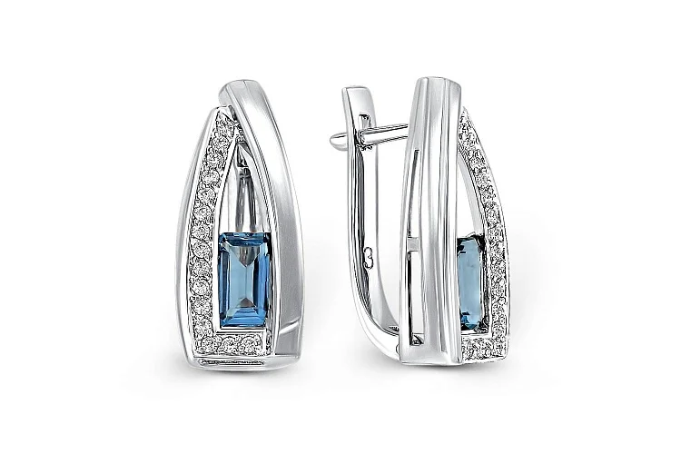 Серьги из белого золота с 2 топазами лондон и 30 фианитами
