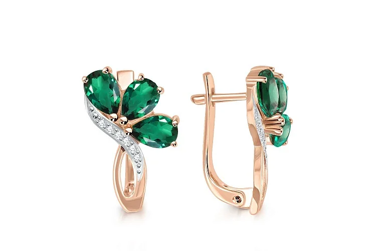 Серьги Цветы из красного золота с 6 изумрудами и 12 фианитами