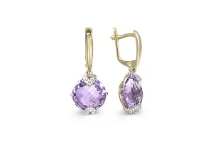 Серьги из жёлтого золота с 2 аметистами и 12 фианитами
