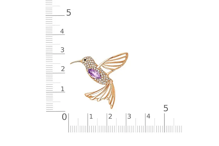 Брошь Колибри из красного золота с аметистом и 48 фианитами