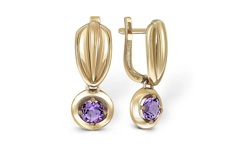 Серьги из жёлтого золота с 2 аметистами