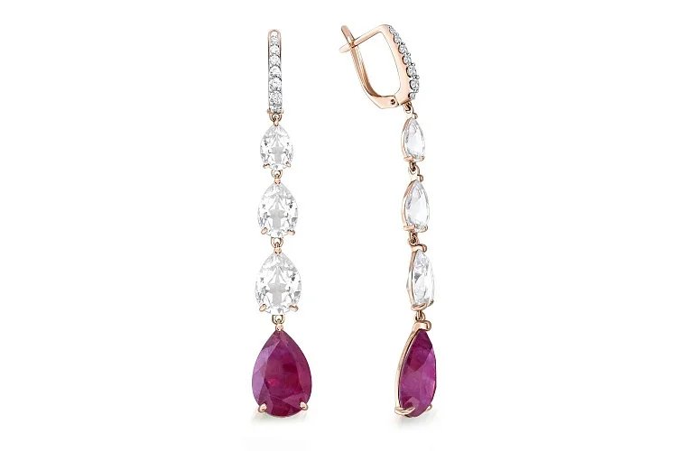 Серьги из красного золота с 8 наноситалами и 14 фианитами