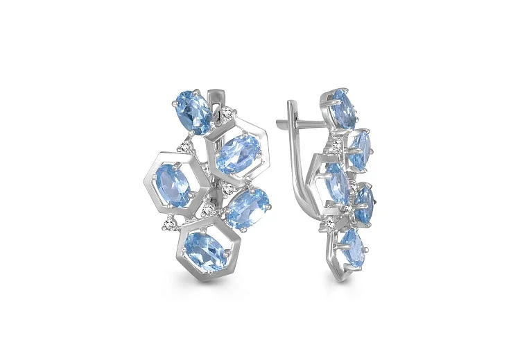 Серьги из белого золота с 10 топазами swiss и 10 фианитами