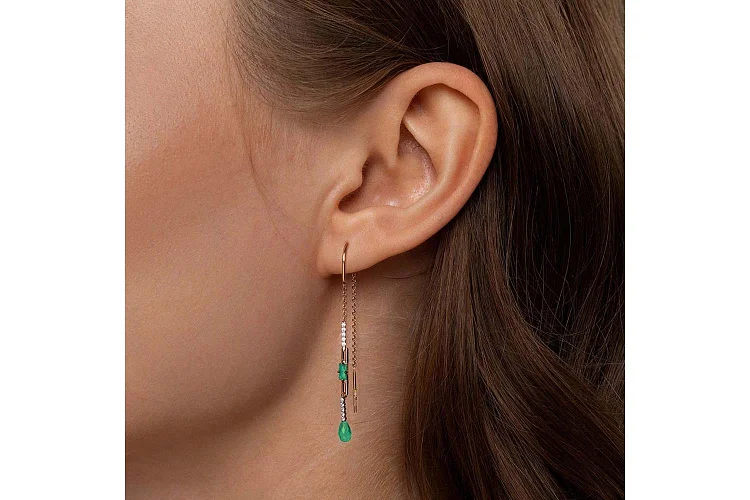 Серьги-продёвки из красного золота с 4 агатами и 20 фианитами