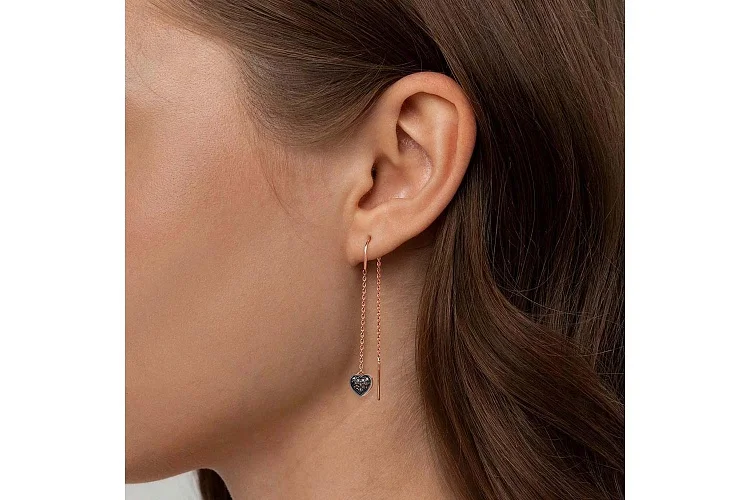 Серьги-продёвки Сердца из красного золота с 20 фианитами