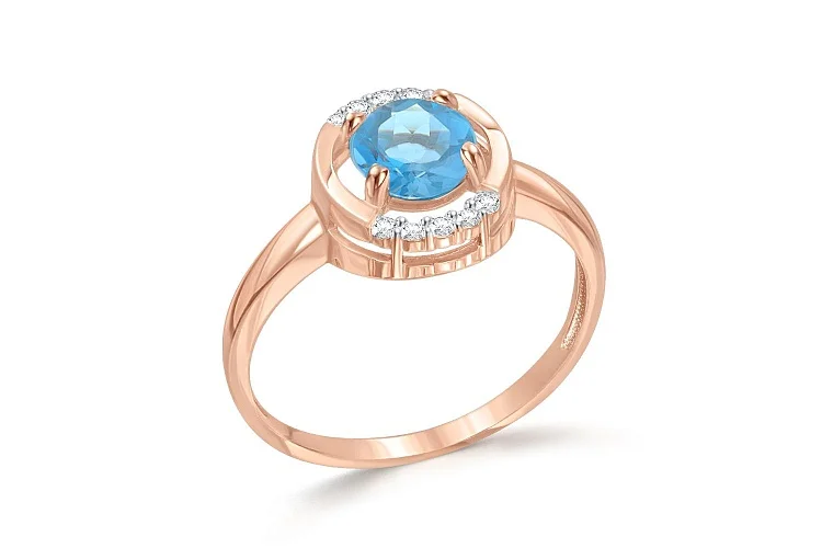 Кольцо из красного золота с топазом swiss и 10 фианитами