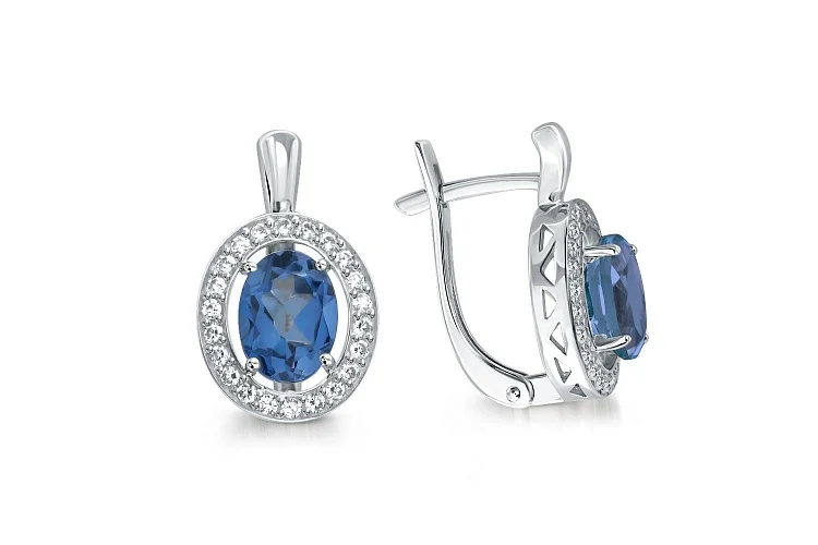 Серьги из белого золота с 2 топазами лондон и 44 фианитами