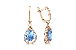 Серьги из красного золота с 2 топазами swiss и 32 фианитами