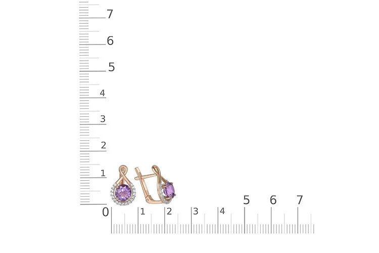 Серьги из красного золота с 2 аметистами и 34 фианитами