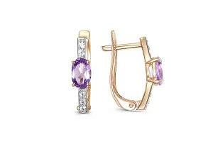 Серьги из красного золота с 2 аметистами и 10 фианитами