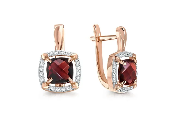 Серьги из красного золота с 2 гранатами и 32 фианитами