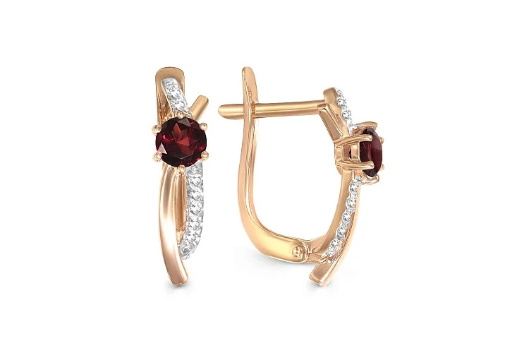 Серьги из красного золота с 2 гранатами и 14 фианитами