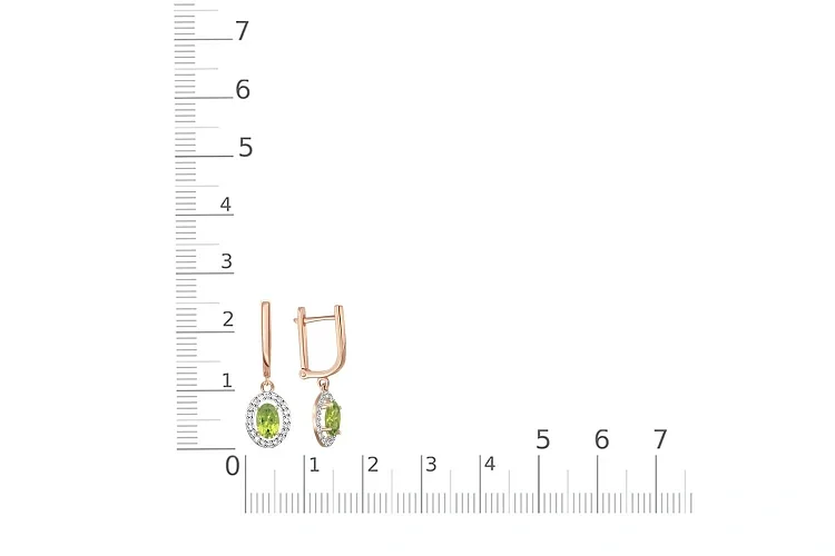 Серьги из красного золота с 2 хризолитами и 40 фианитами