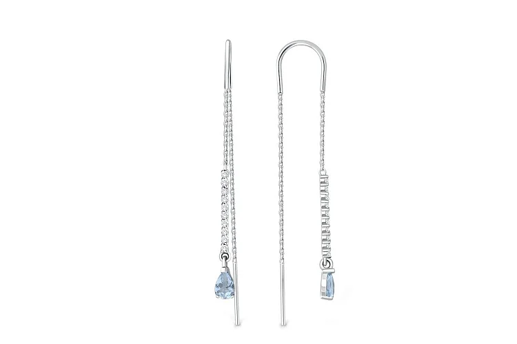 Серьги-продёвки Дорожки из белого золота с 2 топазами sky и 20 фианитами