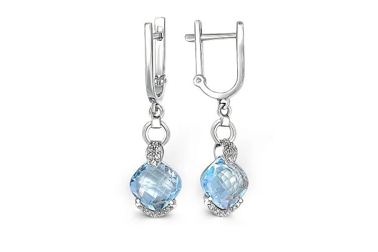 Серьги из белого золота с 2 топазами sky и 24 фианитами