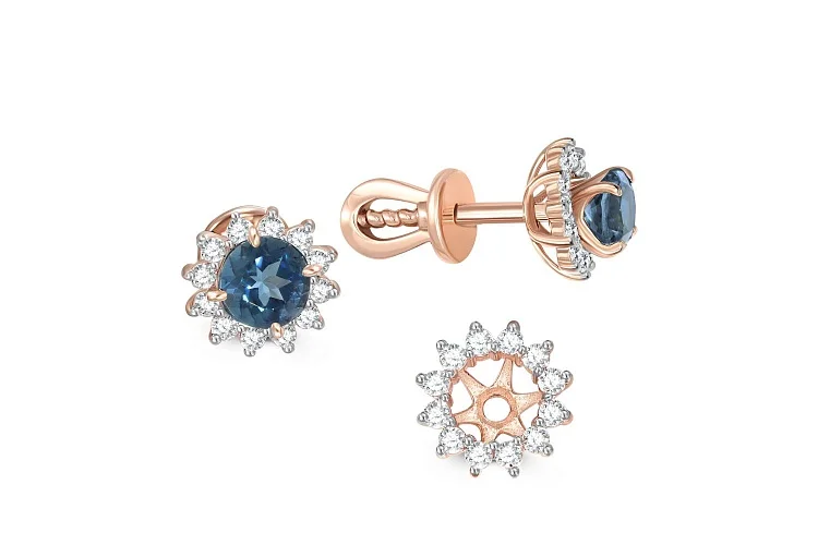 Серьги-пусеты из красного золота с 2 топазами лондон и 24 фианитами