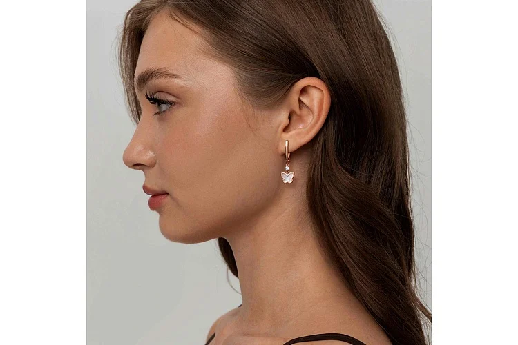 Серьги Бабочки из красного золота с перламутром и 2 фианитами