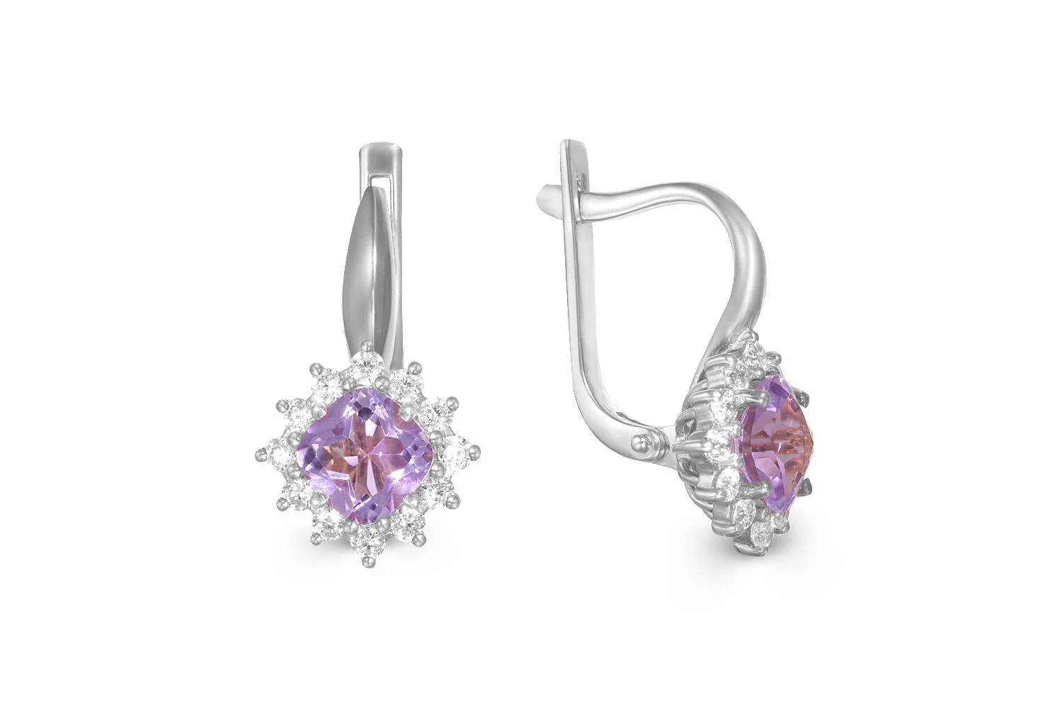 Серьги из белого золота с 2 аметистами и 24 фианитами