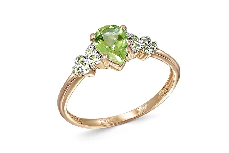 Кольцо Цветок из красного золота с 11 хризолитами