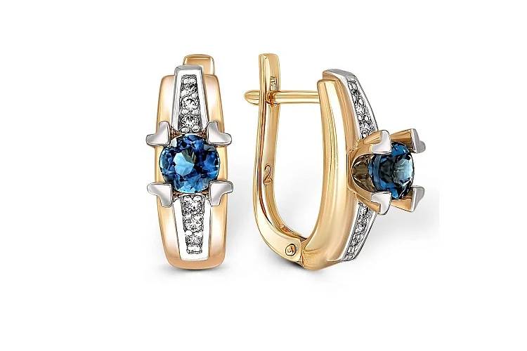 Серьги из жёлтого золота с 2 топазами лондон и 12 фианитами