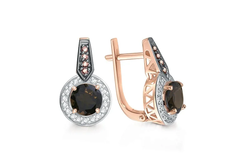 Серьги из красного золота с 2 раухтопазами и 42 фианитами
