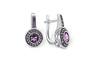 Серьги из белого золота с 2 аметистами и 40 фианитами