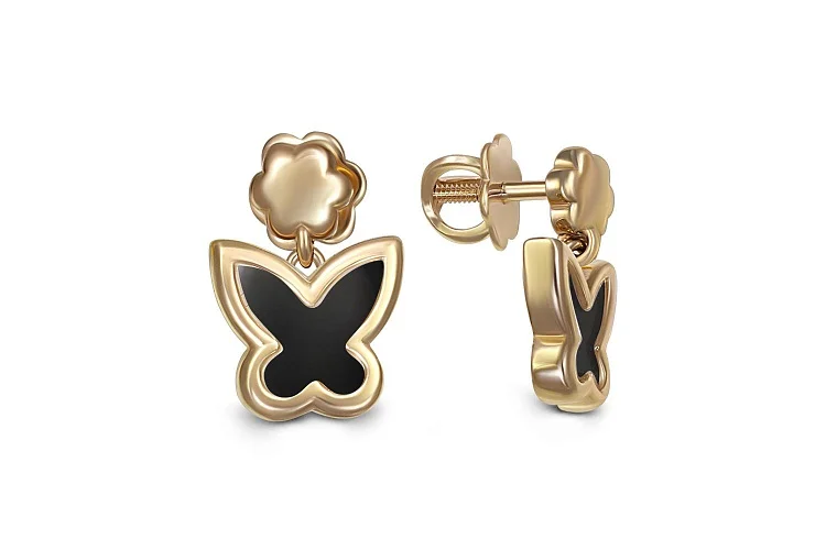 Детские серьги-пусеты Бабочки из жёлтого золота с 2 ониксами