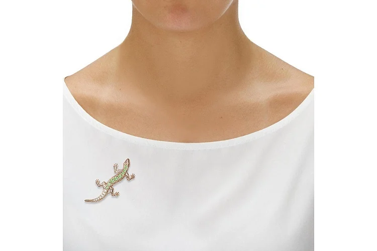 Брошь Ящерица из красного золота с 8 хризолитами и 7 фианитами