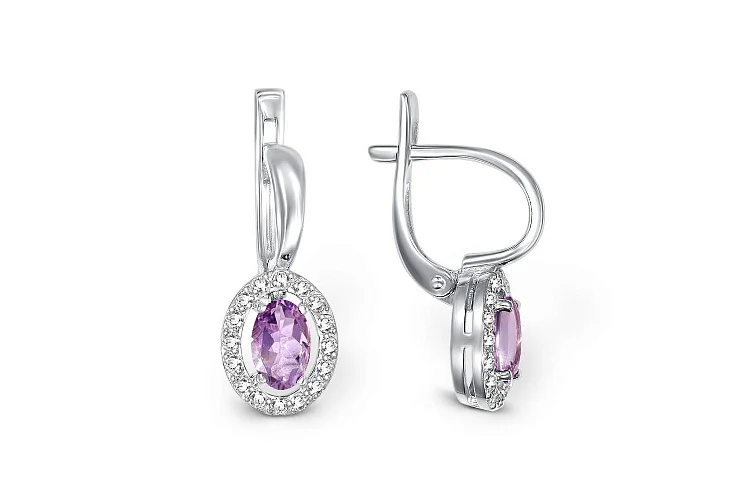 Серьги из белого золота с 2 аметистами и 32 фианитами