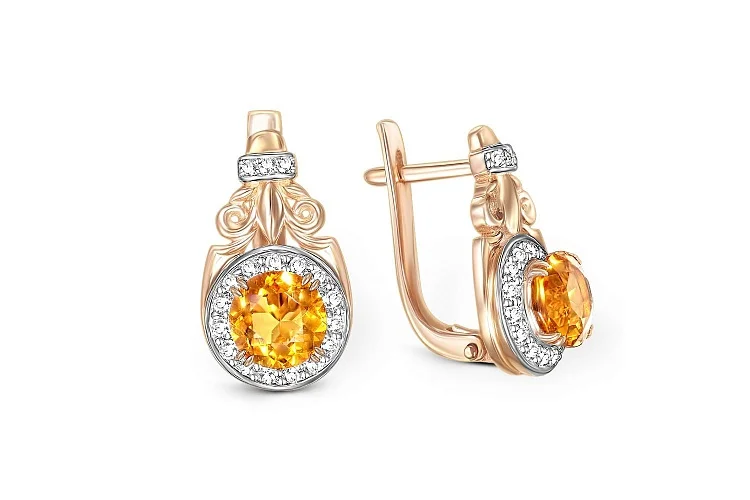 Серьги из красного золота с 2 цитринами и 36 фианитами