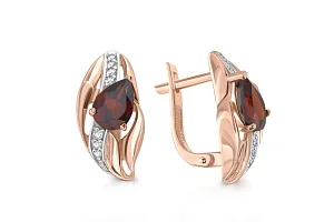 Серьги из красного золота с 2 гранатами и 14 фианитами